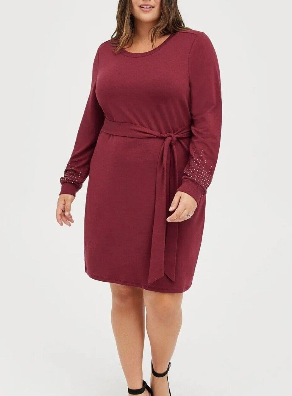 Torrid Pullover Mini Dress French Terry Tie Waist Embellished Cuff Burgundy 2X